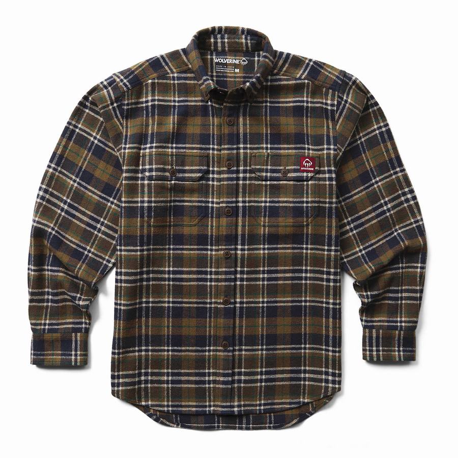 Black Green Wolverine Glacier Heavyweight Long Sleeve Flannel Men Shirts | IST7315OV