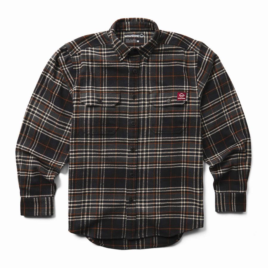 Black Wolverine Glacier Heavyweight Long Sleeve Flannel Men Shirts | IBD121LW