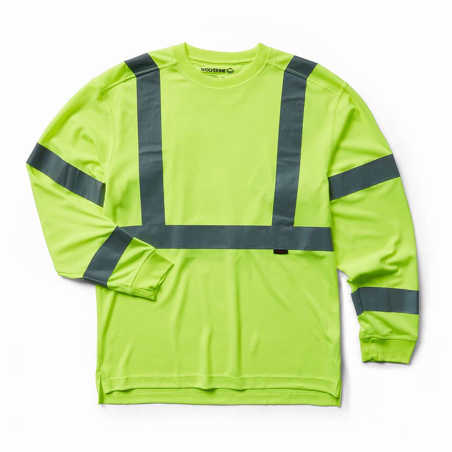 Green Wolverine Caution Long Sleeve Tee - Packaged Men T Shirts | MBQ1777SE