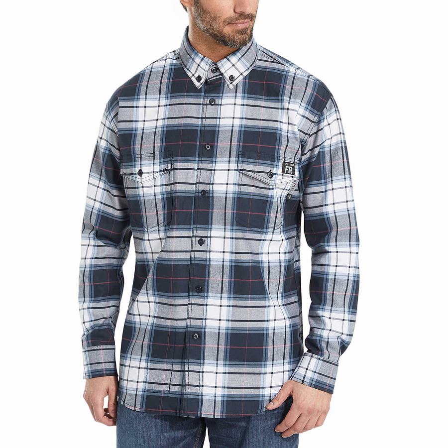 Navy Wolverine FR Plaid Long Sleeve Twill Men Shirts | RLL2132FG