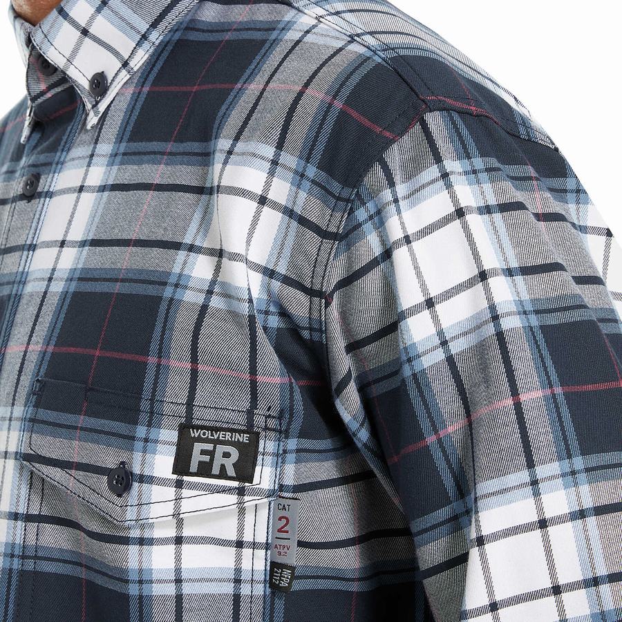 Navy Wolverine FR Plaid Long Sleeve Twill Men Shirts | RLL2132FG