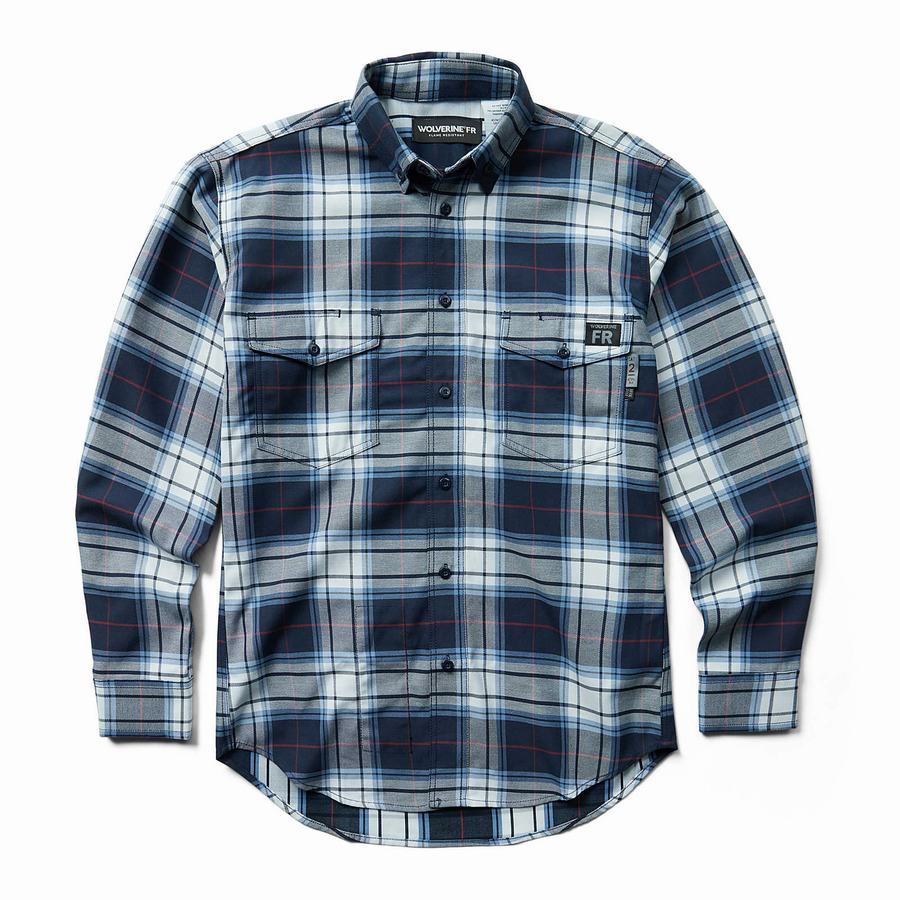 Navy Wolverine FR Plaid Long Sleeve Twill Men Shirts | RLL2132FG