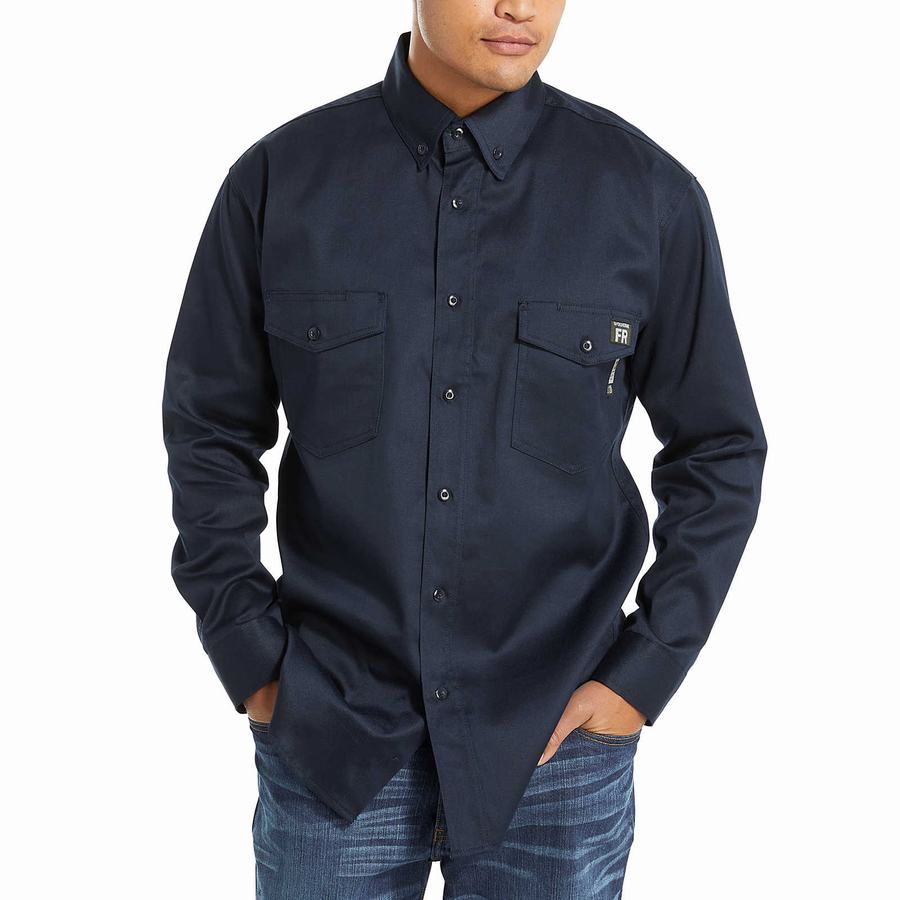 Navy Wolverine FR Twill Long Sleeve Men Shirts | DCE636QP