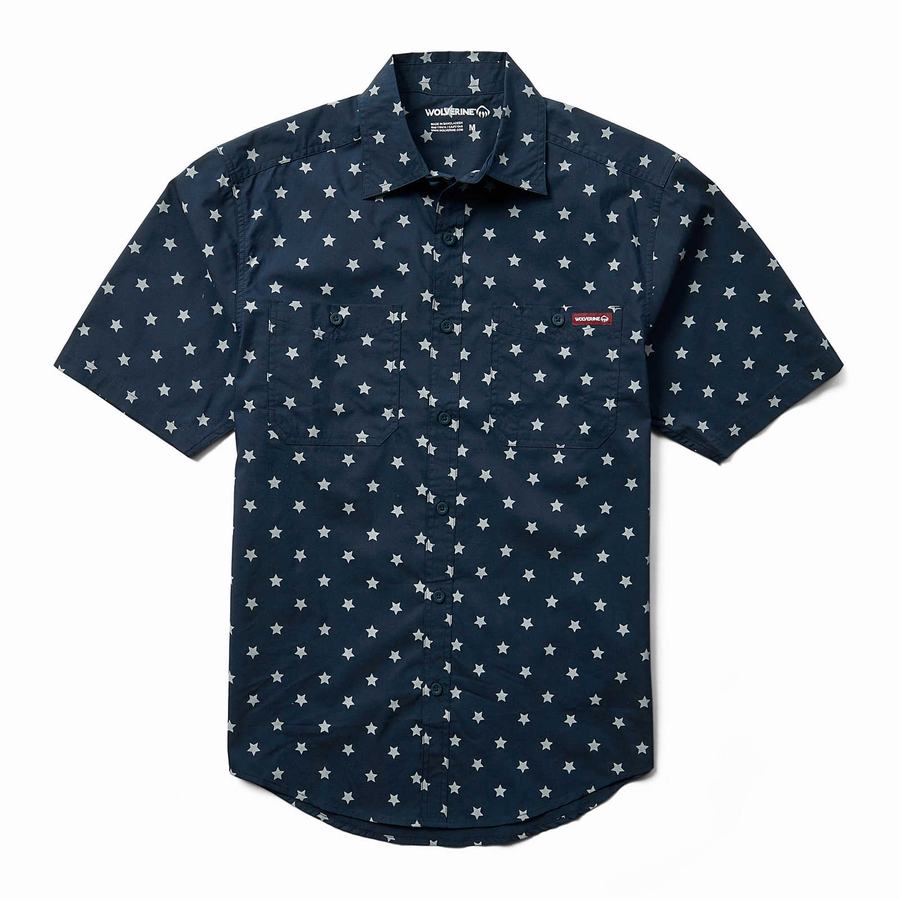 Navy Wolverine Fuse Short Sleeve Print Men Shirts | HOJ9619NW