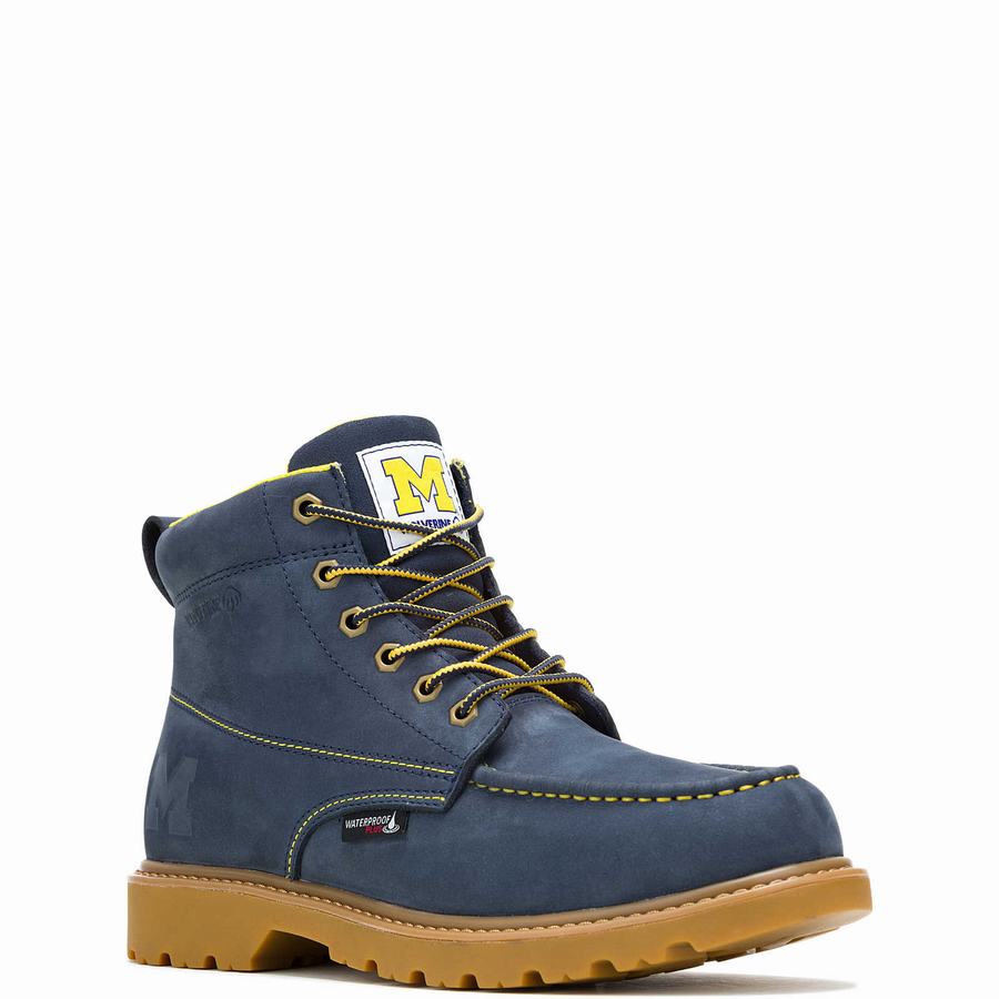 Navy Wolverine x Valiant University of Michigan Floorhand Moc Toe Men Work Boots | UHU2094LH