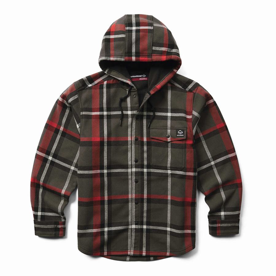 Red Wolverine Bucksaw Hooded Flannel Shirt Big & Tall Men Jackets | FJR5516JB